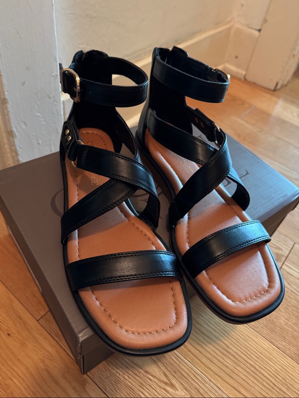 Crown Vintage Riana Black Strappy Gladiator Ankle Wrap Sandals Gold Hardware